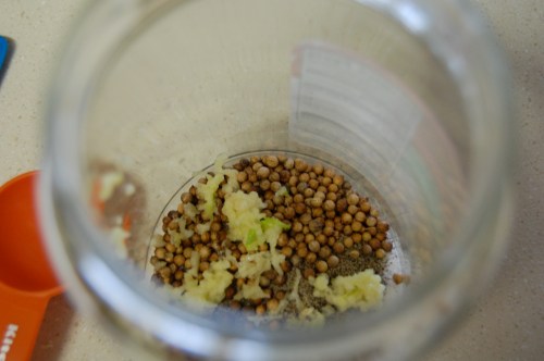 pickle jar with garlic, coriander, salt and pepper