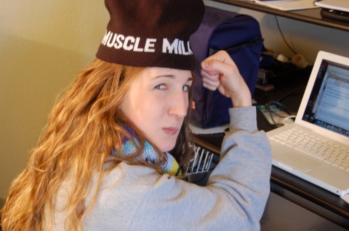 Flexing my muscles in a muscle milk hat