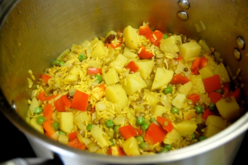 Pot of Indian rice Pot of homemade indian spiced lentils and rice with vegetables