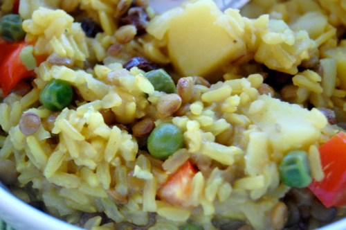 Indian rice close-up Homemade Indian rice, lentils and vegetables close-up