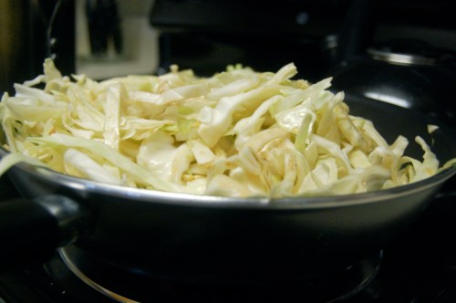 Pan of cabbage in sauce