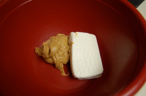 Ingredients Peanut butter and cream cheese in the mixing bowl