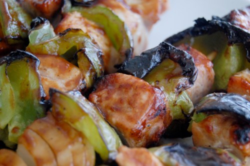 barbeque pork skewers close-up