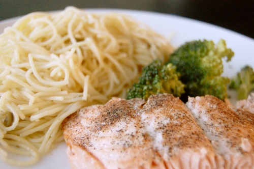 Salmon and broccoli with white wine lemon butter noodles with capers