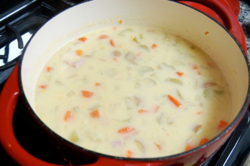 Pot of veggie ham chowder